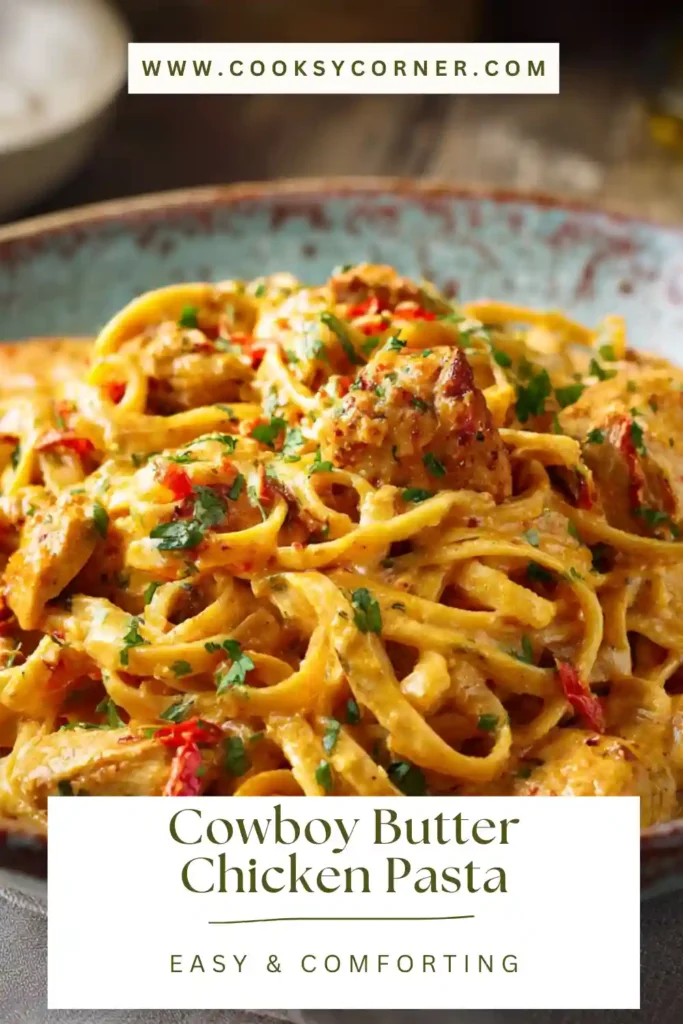 Creamy Cowboy Butter Chicken Pasta served in a skillet with linguine, sliced chicken thighs, bell peppers, and Parmesan. The sauce looks rich and glossy.