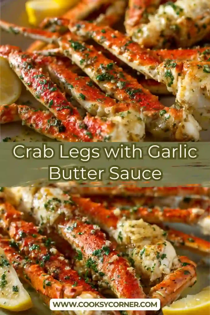 Crab legs with melted garlic butter and parsley garnish.