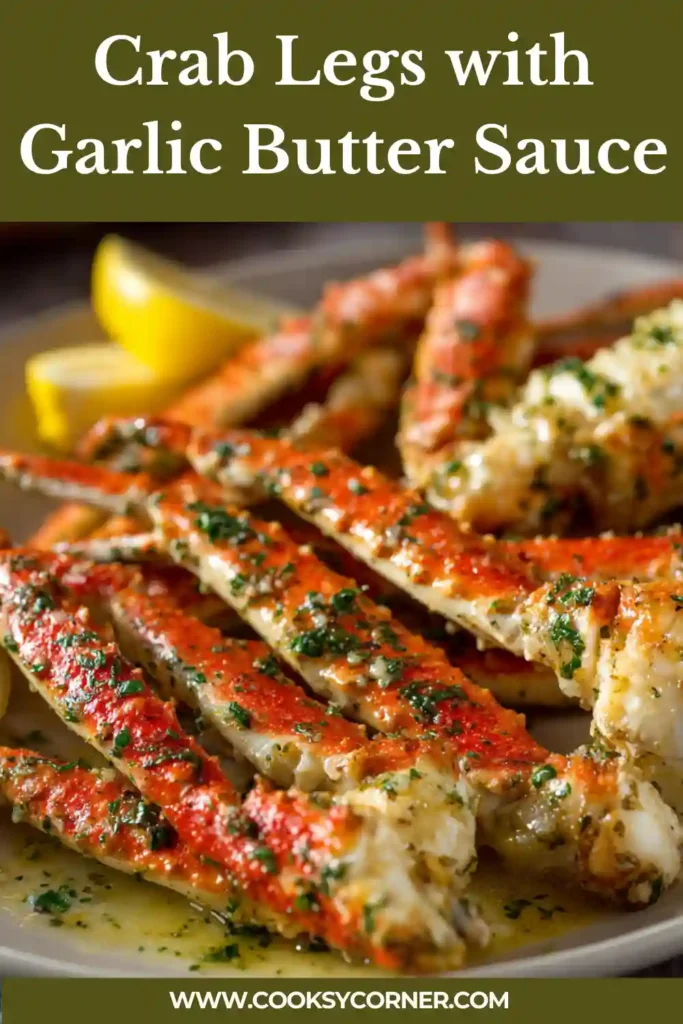 Snow crab legs cooked in garlic butter sauce in a skillet.