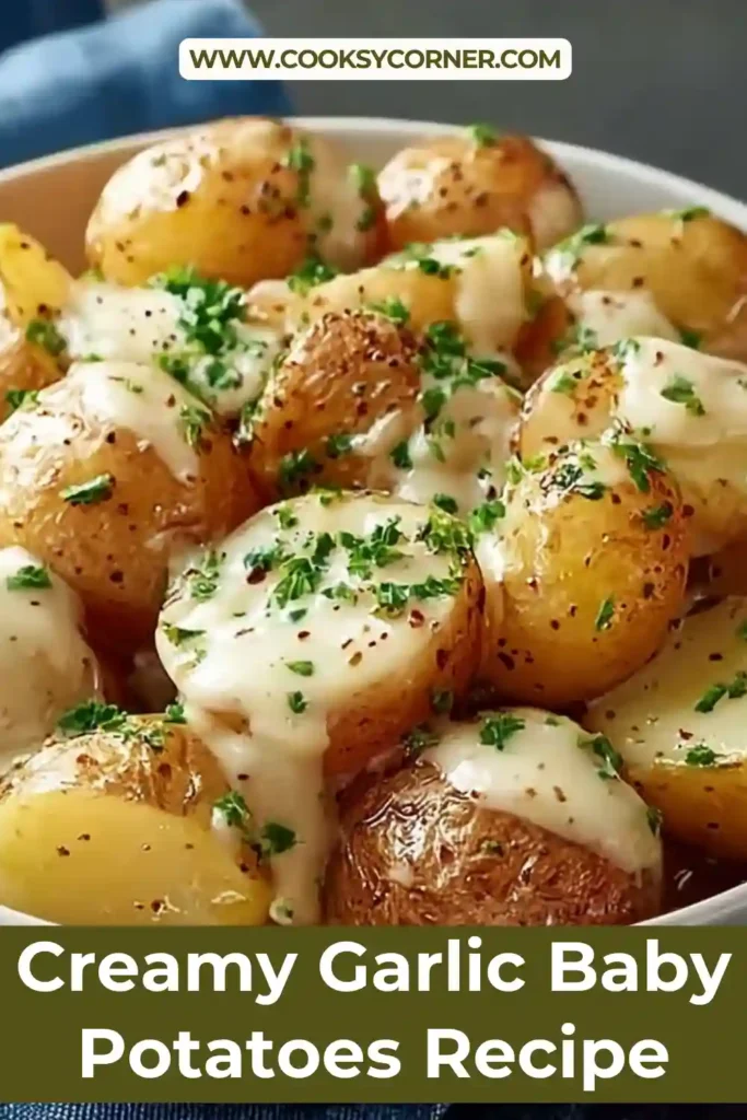 Homemade creamy garlic baby potatoes in a pan with thick sauce and golden edges, perfect as a comforting side dish.