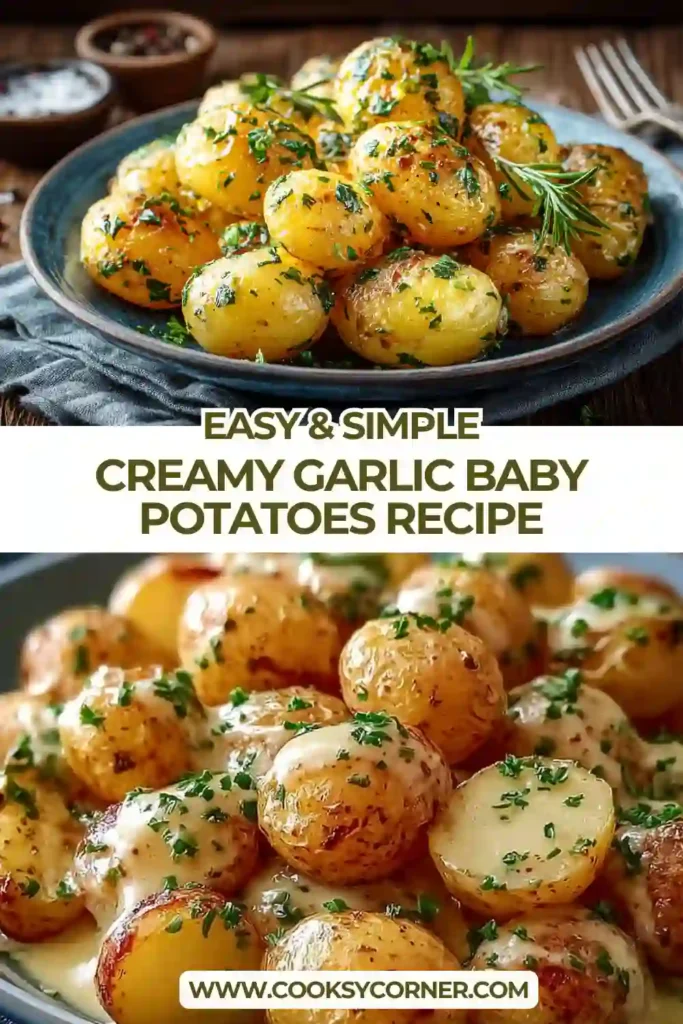 Close-up of baby potatoes tossed in garlic cream sauce with melted cheese and herbs, showing a smooth and velvety texture.