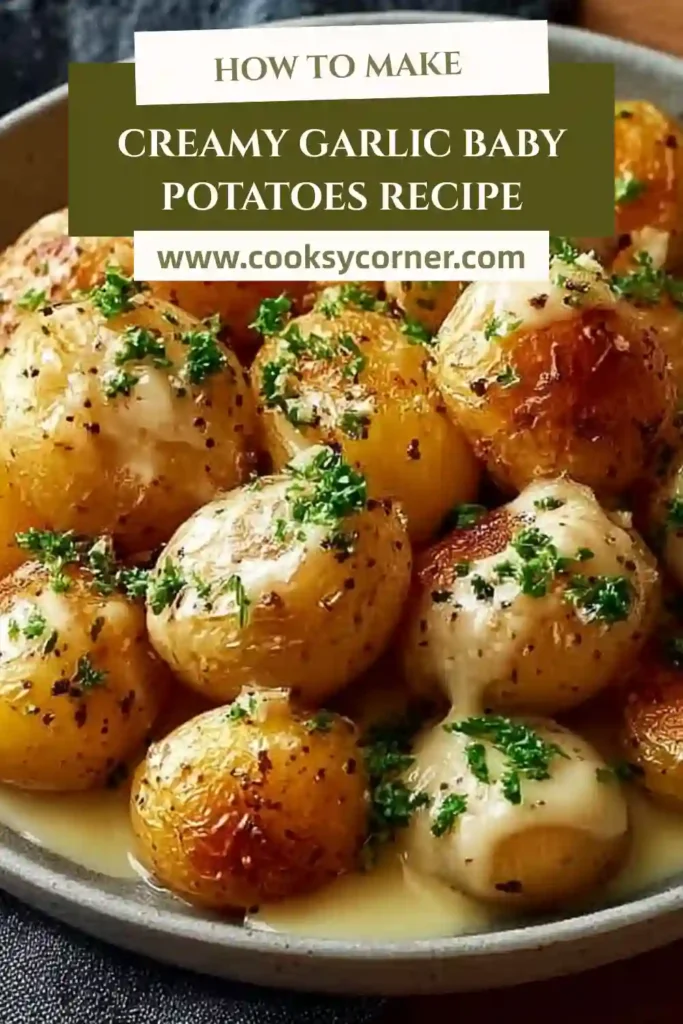 Creamy Garlic Baby Potatoes served in a skillet with rich parmesan sauce coating tender halved potatoes, garnished with fresh parsley.