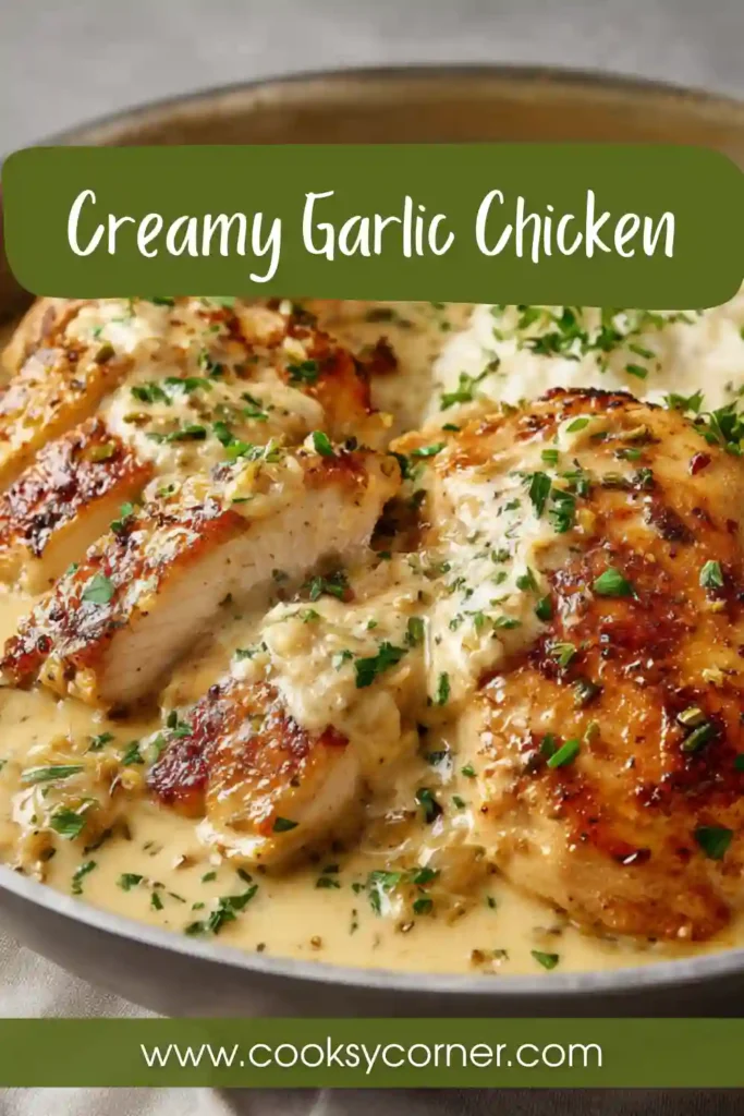 Homemade creamy garlic chicken in a pan with thick sauce and golden seared chicken pieces.