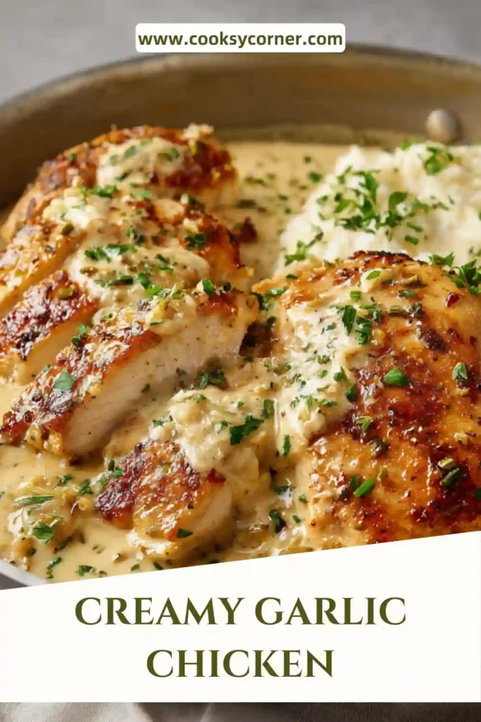 Close-up of chicken breasts in a creamy garlic sauce with visible garlic cloves and herbs.