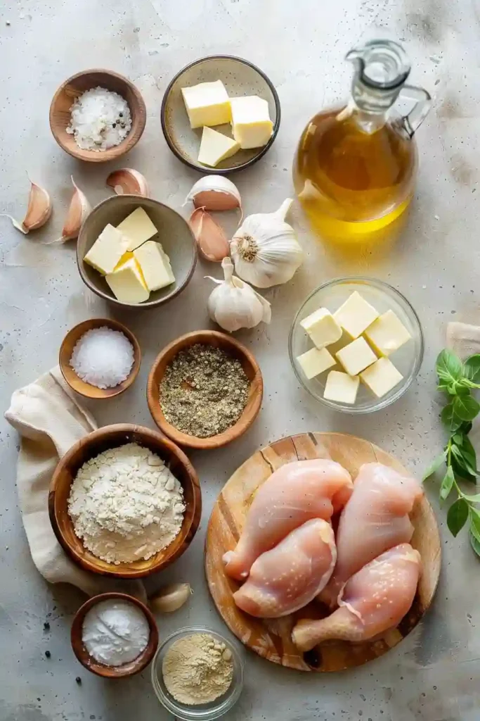 Juicy chicken in a rich garlic cream sauce served warm with herbs on top.