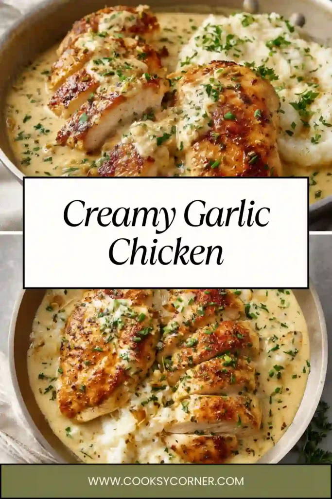 Creamy garlic chicken served in a skillet with rich sauce and fresh parsley garnish. The chicken looks tender and coated in sauce.