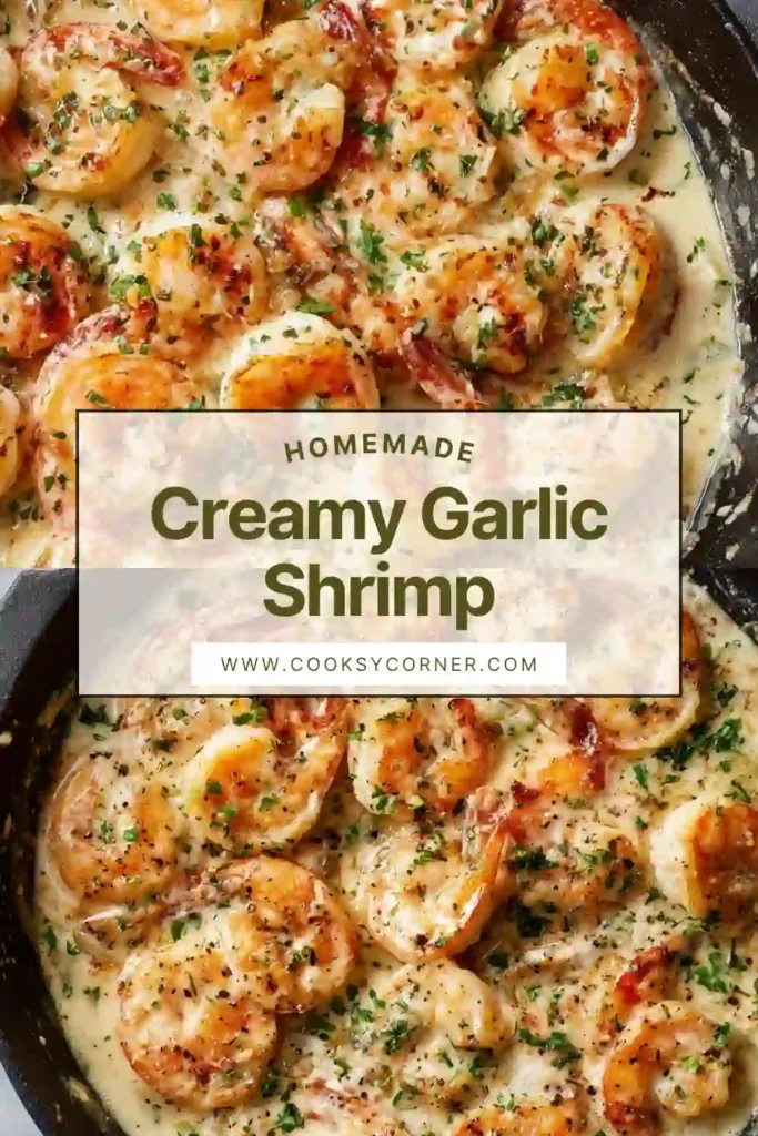 Close-up of shrimp coated in creamy garlic sauce served over pasta.