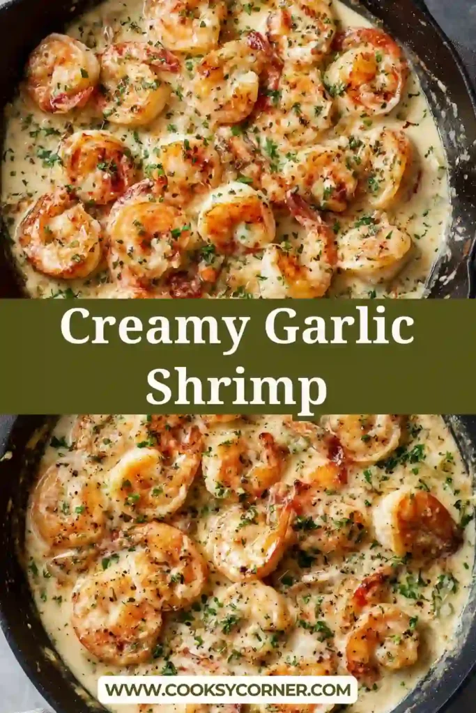 Creamy Garlic Shrimp in a skillet with rich sauce and fresh parsley garnish.
