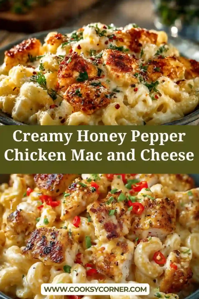 Creamy honey pepper chicken mac and cheese served in a bowl with melted cheese and glazed chicken pieces on top. The dish looks rich and comforting.