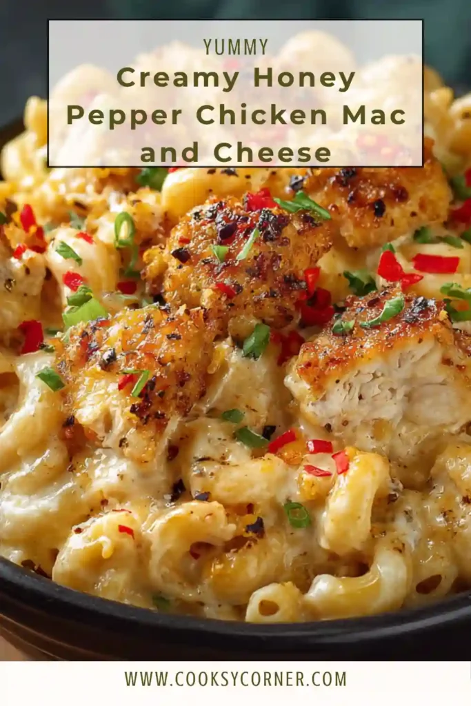 Close-up of cheesy pasta mixed with creamy sauce and topped with honey pepper chicken and fresh parsley garnish.