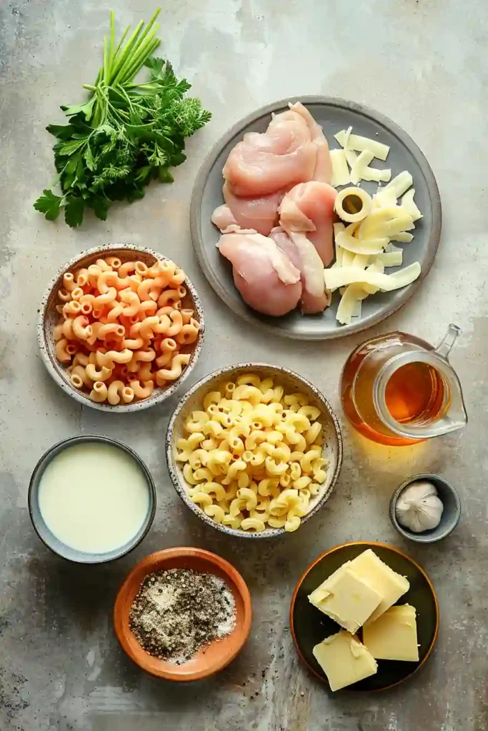 Warm bowl of creamy chicken mac and cheese with sweet pepper glaze and perfectly cooked pasta.