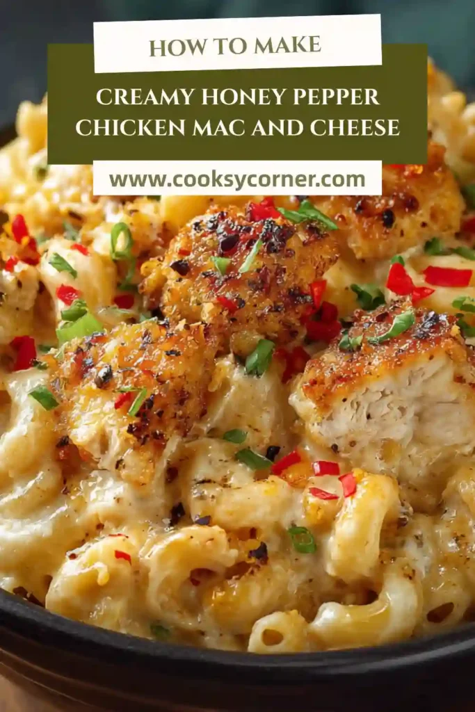 Homemade creamy honey pepper chicken mac and cheese with golden chicken bites and smooth cheese coating.