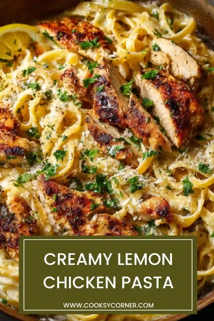 Close-up of pasta coated in creamy lemon sauce with grilled chicken slices.