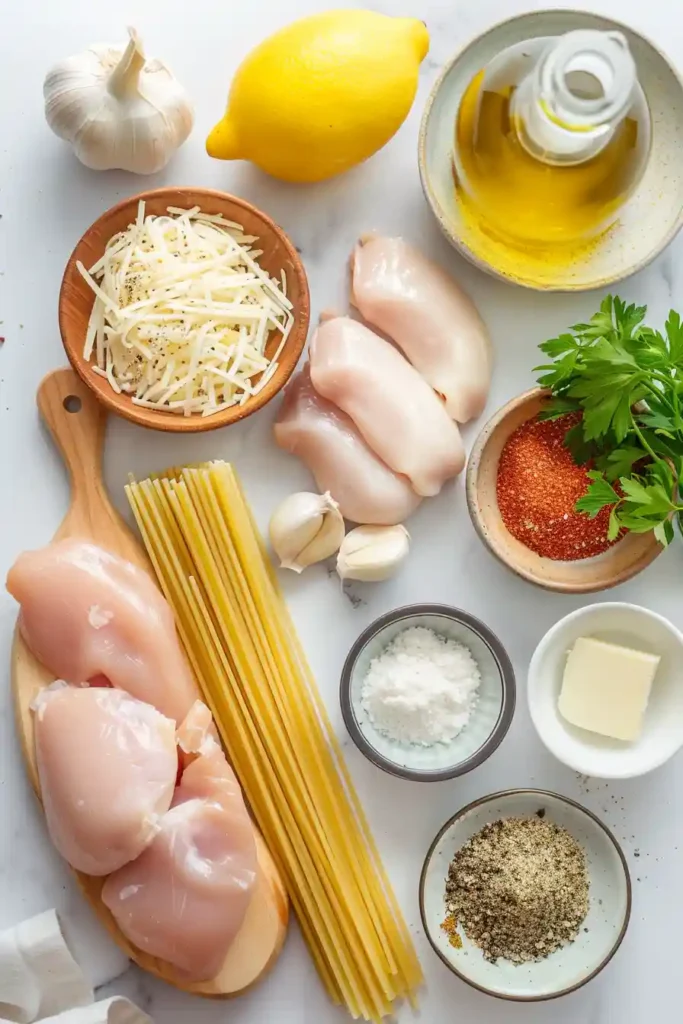 Homemade creamy lemon chicken pasta garnished with parsley and Parmesan.