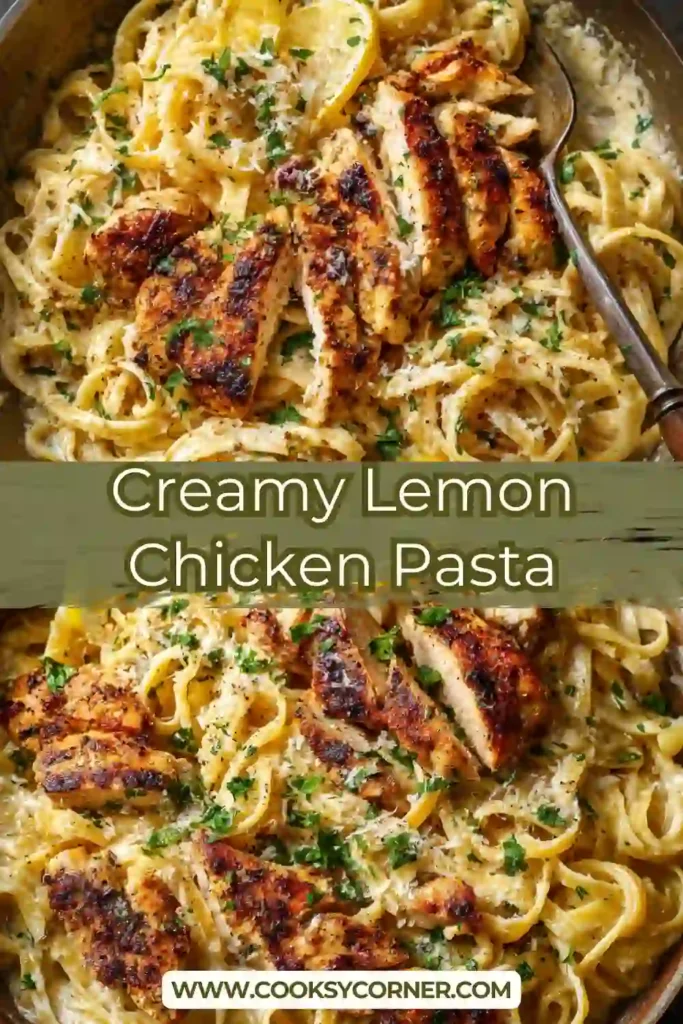 Lemon chicken pasta with creamy sauce served in a bowl with fresh herbs.