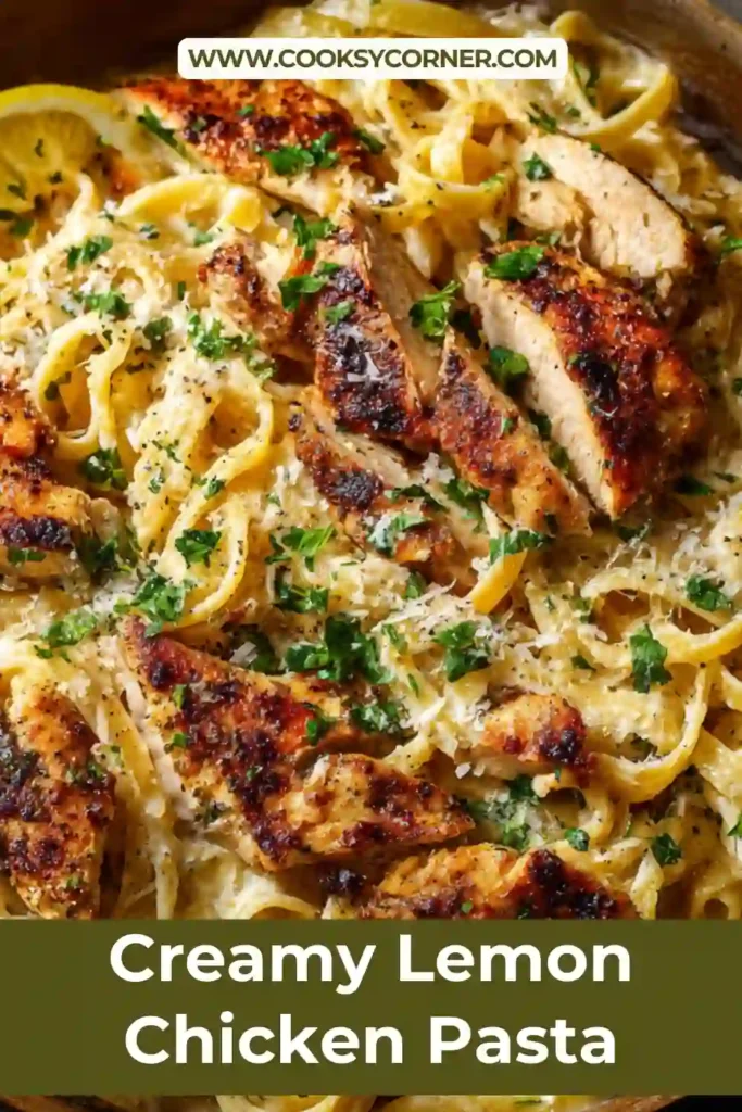 Creamy lemon chicken pasta topped with sliced chicken, parsley, and Parmesan cheese.