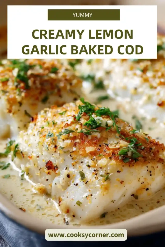 Flaky baked fish fillet served with lemon slices and herbs.