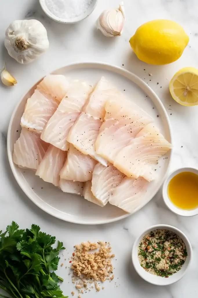 Healthy baked fish with garlic butter and fresh lemon.