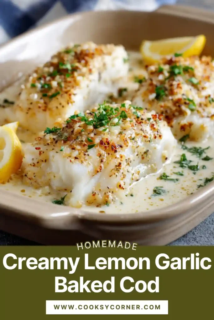 Oven baked fish topped with lemon garlic butter sauce and parsley.