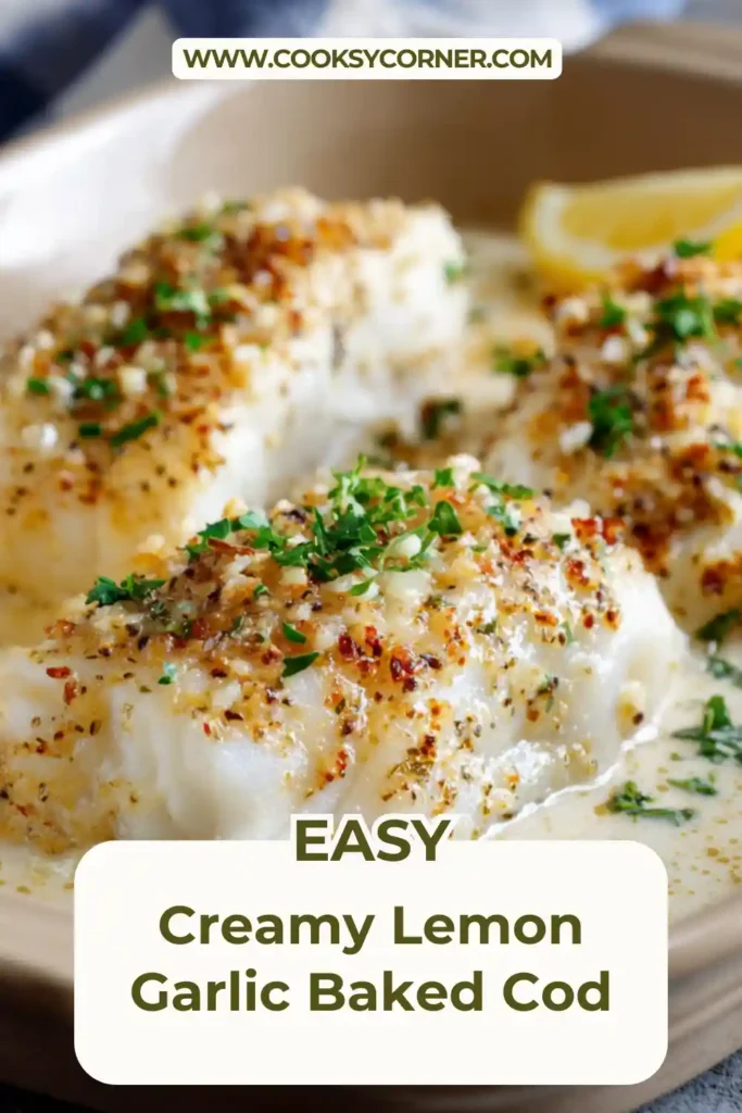 Baked white fish fillets with lemon slices and garlic butter in a baking dish.