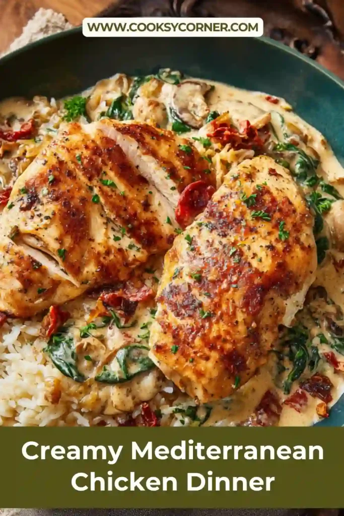 Close up of creamy Mediterranean chicken dinner with pasta, garlic sauce, and roasted red peppers. The dish is rich, colorful, and full of Mediterranean flavors.