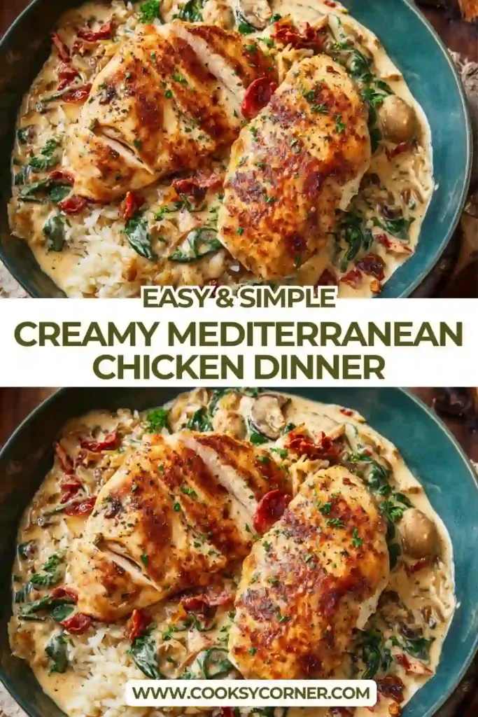 Skillet creamy Mediterranean chicken with roasted red pepper sauce and wilted spinach served over pasta. A comforting Mediterranean chicken dinner recipe.