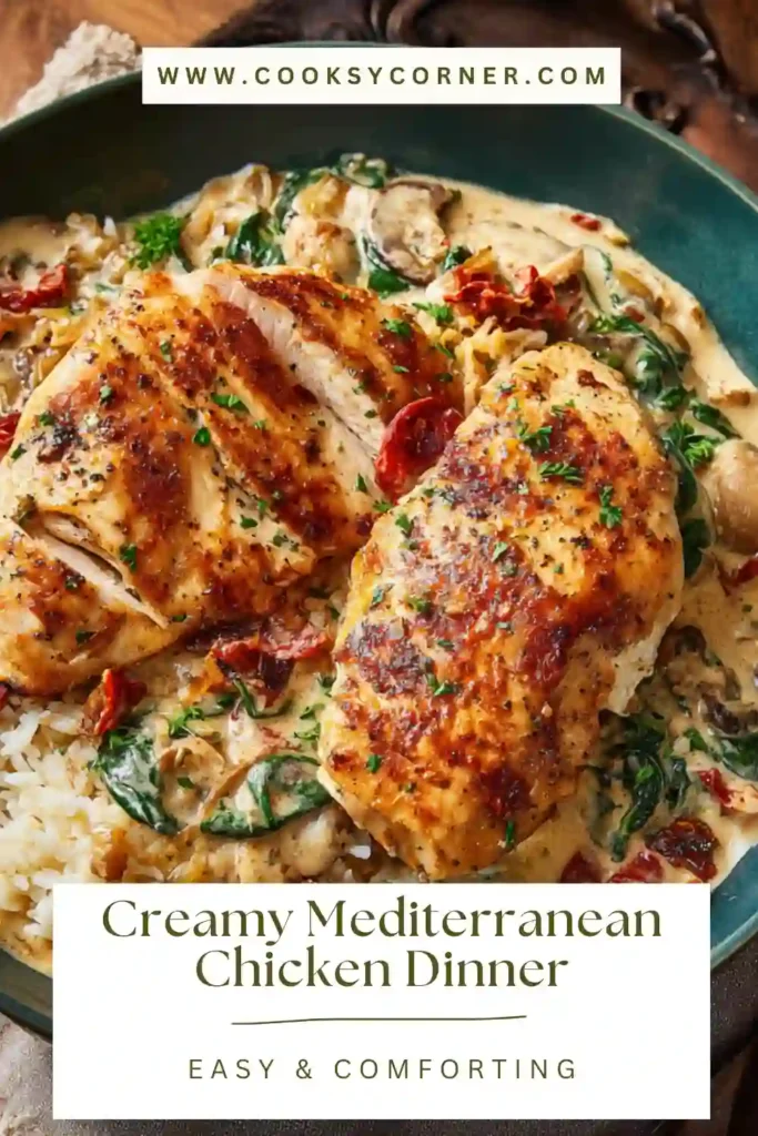 Creamy Mediterranean chicken dinner served over pasta with roasted red peppers and spinach in a rich skillet sauce. The chicken is tender and coated in a creamy garlic pepper sauce.