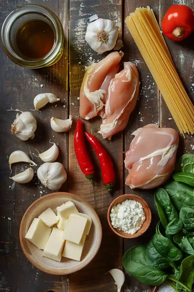 Homemade creamy Mediterranean chicken dinner plated with pasta and spinach in a roasted red pepper cream sauce.