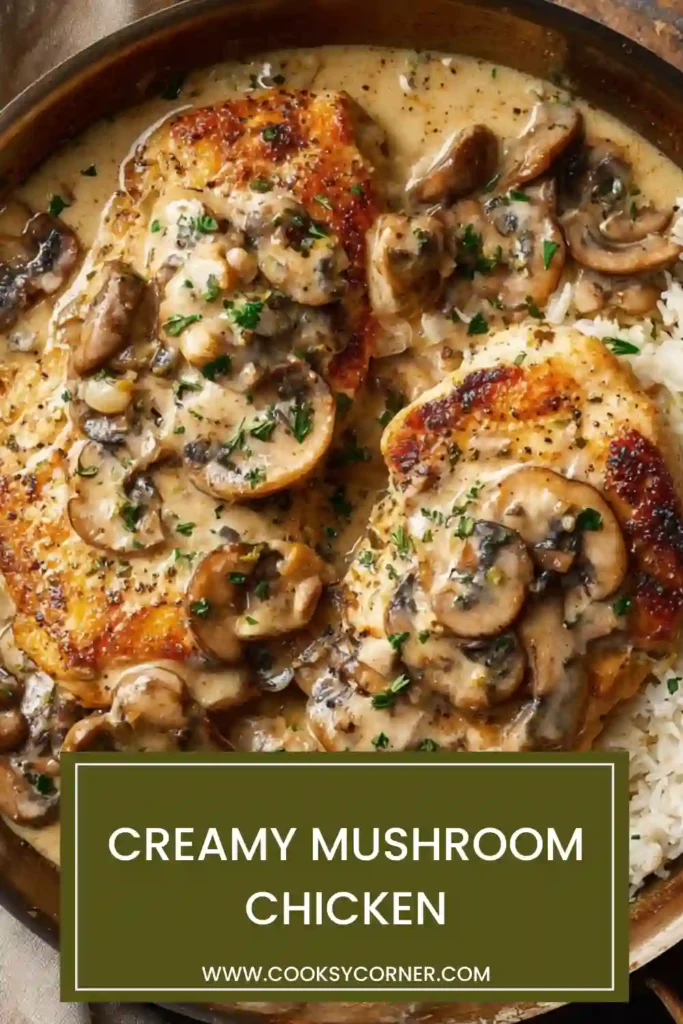 Close-up of creamy mushroom chicken served with mushrooms and thick cream sauce.