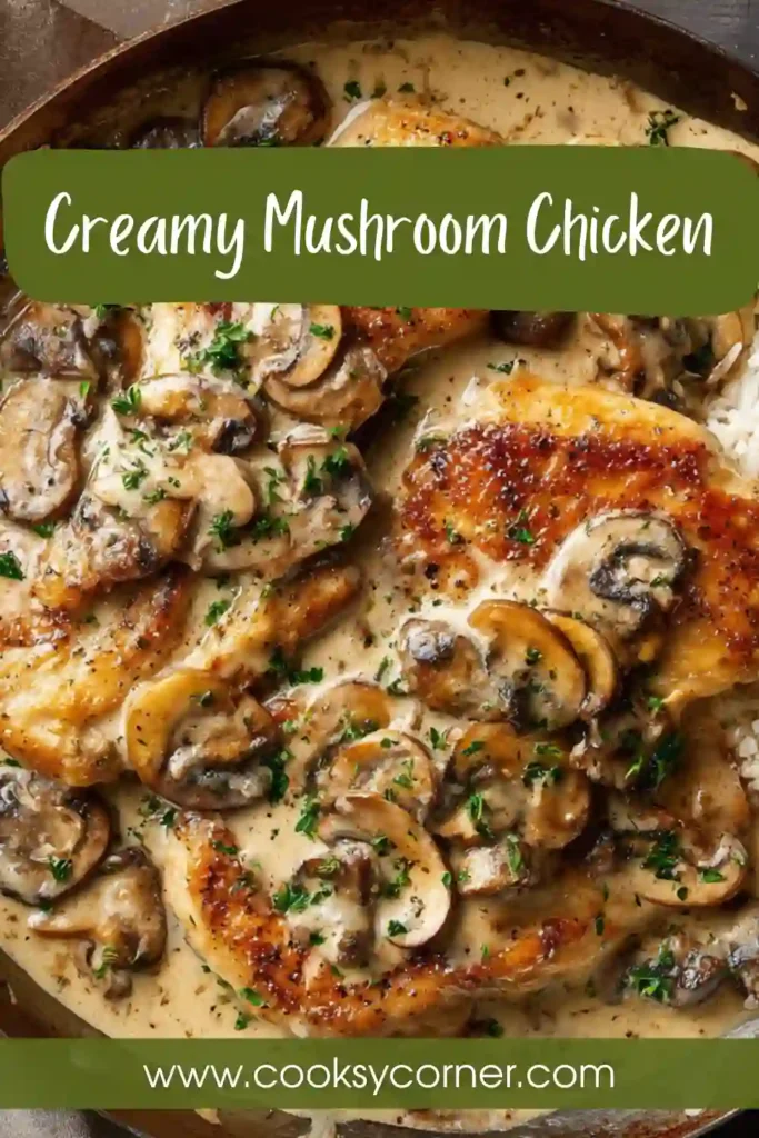 Pan-seared chicken with mushrooms in a creamy garlic sauce ready for dinner.