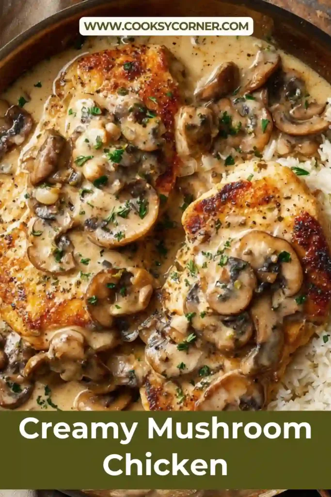 Creamy mushroom chicken in a skillet with golden chicken breasts and mushrooms in a rich garlic cream sauce.