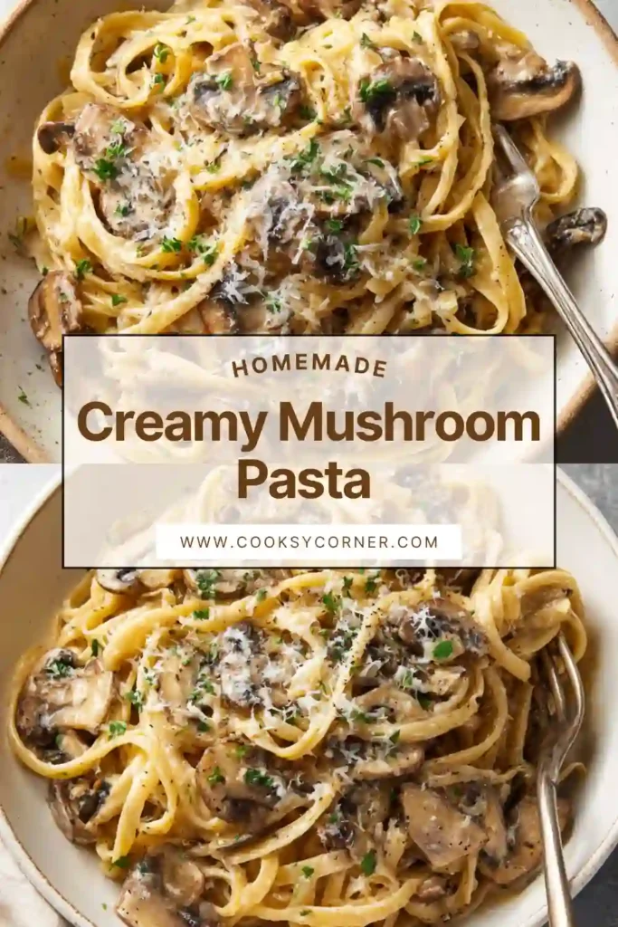 Creamy mushroom pasta with garlic and parmesan served in a bowl.