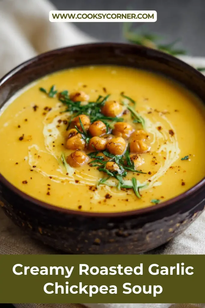 Smooth chickpea soup with roasted garlic and leafy greens.