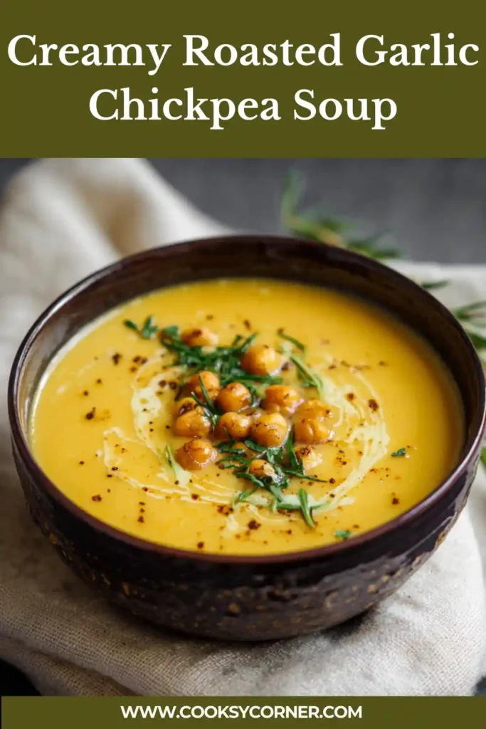 Creamy roasted garlic chickpea soup served in a bowl with olive oil drizzle.