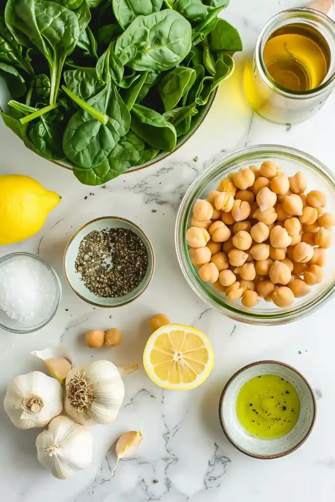 Bowl of creamy roasted garlic soup with chickpeas and greens.
