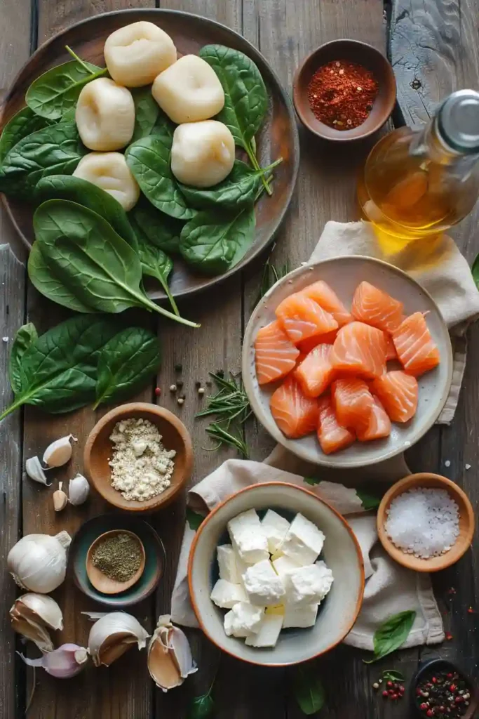 Homemade creamy salmon gnocchi recipe plated for dinner with soft gnocchi, salmon flakes, and vibrant spinach in a velvety sauce.
