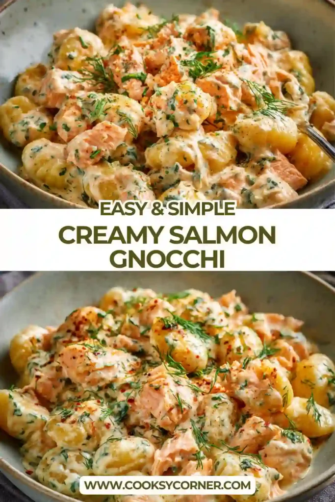 Creamy salmon gnocchi served in a rustic bowl, featuring tender gnocchi, flaky smoked salmon, wilted spinach, and a smooth savory sauce.