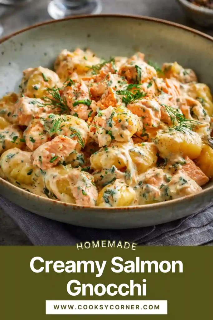 A bowl of creamy salmon gnocchi made with smoked salmon, spinach, and soft potato gnocchi coated in a rich cream cheese sauce. The dish is garnished with fresh parsley and served warm.