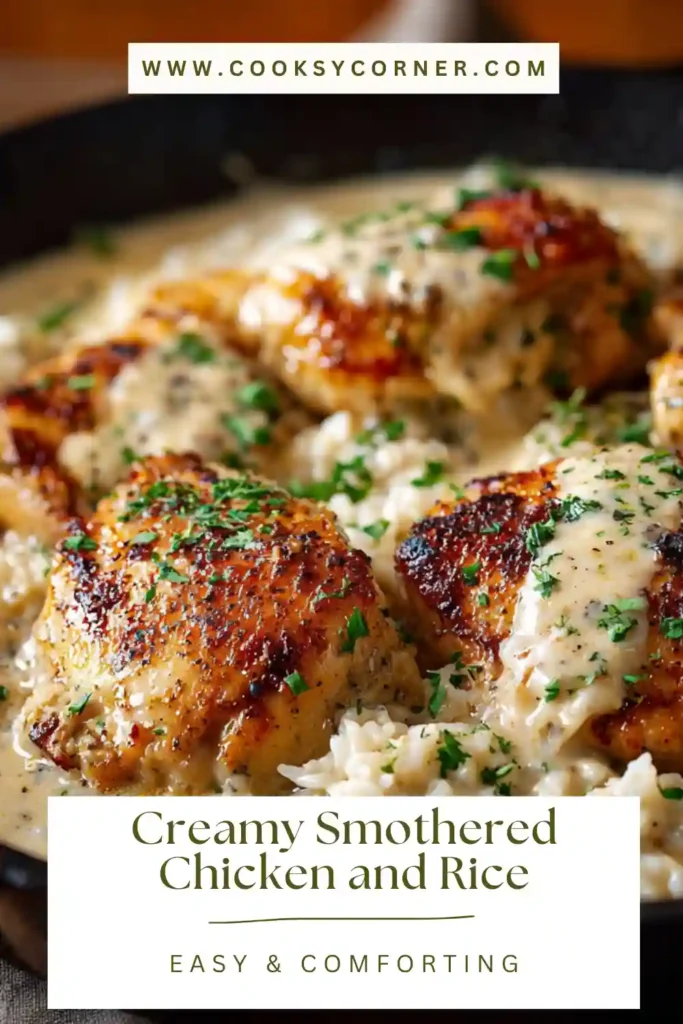Homemade creamy smothered chicken and rice plated for dinner with parsley garnish and creamy sauce.
