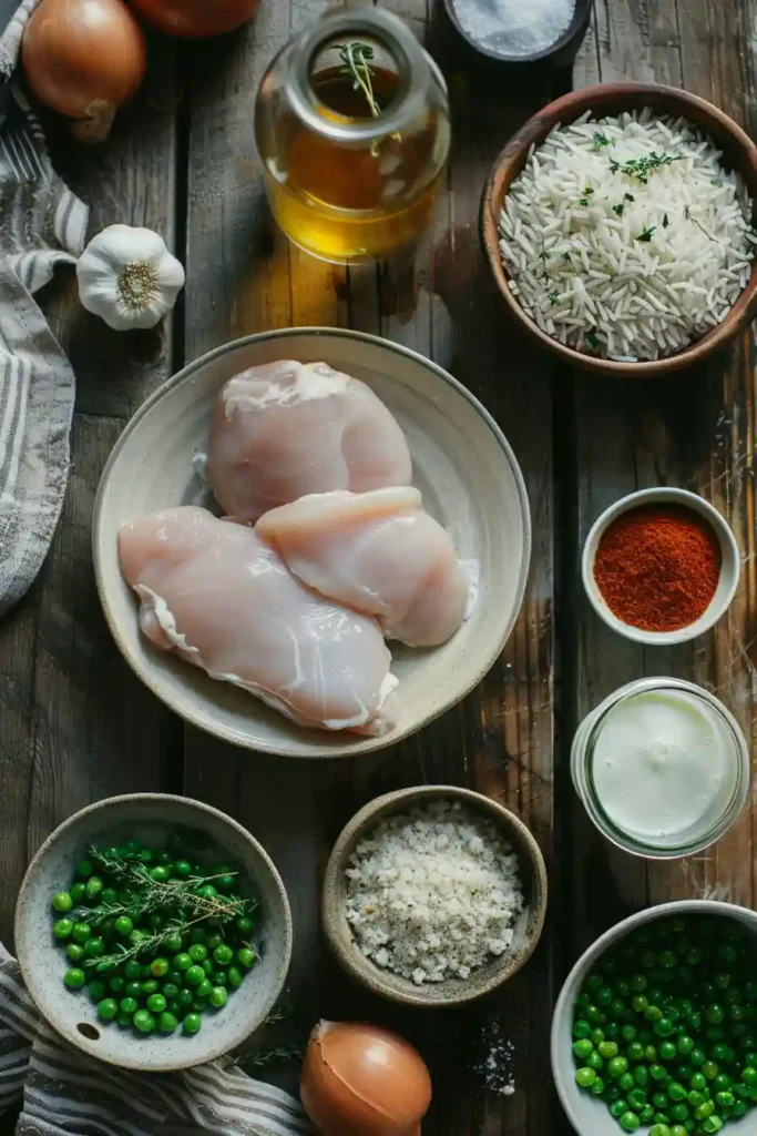 Easy creamy chicken and rice skillet with golden chicken breasts and velvety cream sauce.