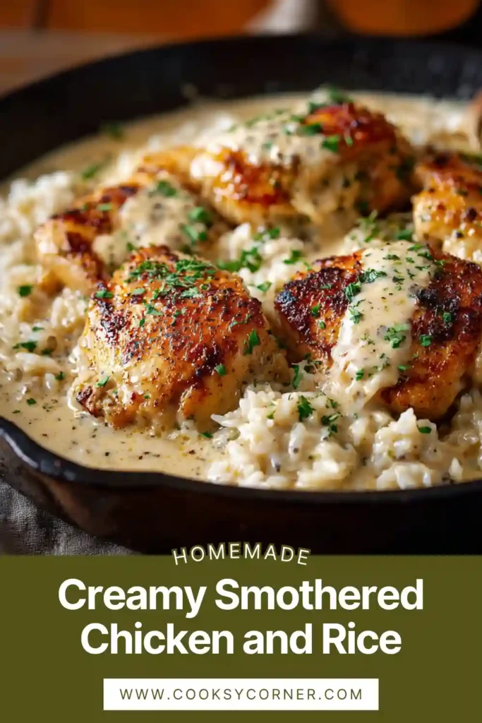 Close-up of creamy chicken and rice with tender smothered chicken breast and peas in a creamy sauce.