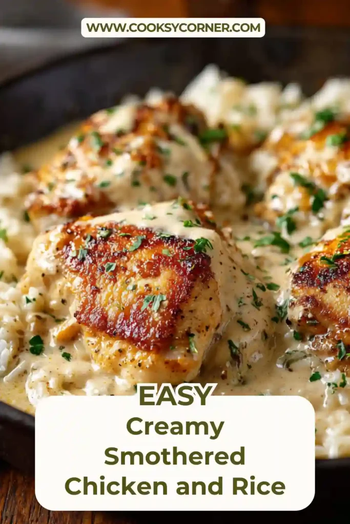 Creamy smothered chicken and rice served in a skillet with golden seared chicken and rich creamy sauce over fluffy rice.