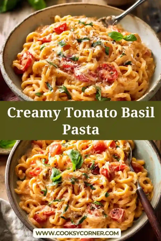 Pasta coated in rich tomato cream sauce with garlic and fresh basil.