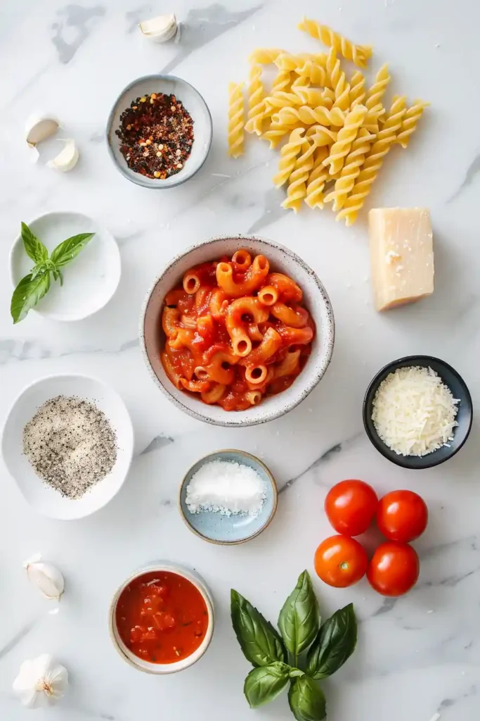 Italian-style tomato basil cream pasta garnished with fresh herbs.