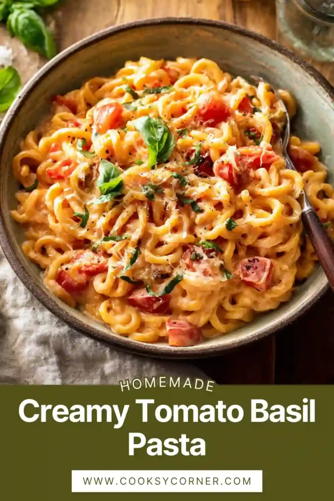 Creamy tomato basil pasta topped with Parmesan cheese and fresh basil leaves.
