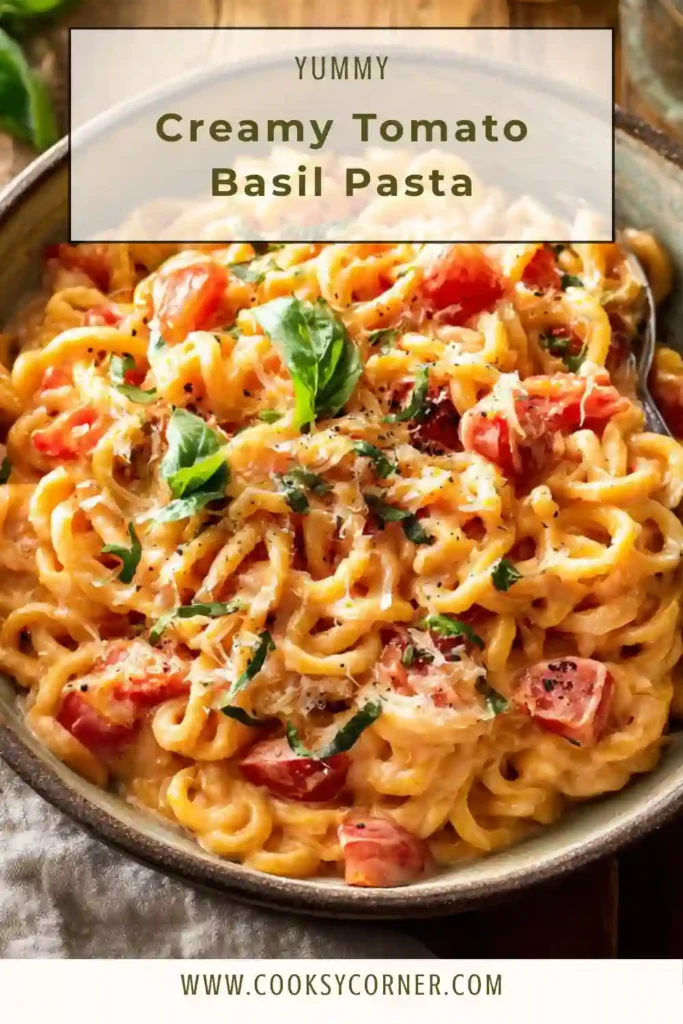 Creamy tomato basil pasta topped with Parmesan cheese and fresh basil leaves.