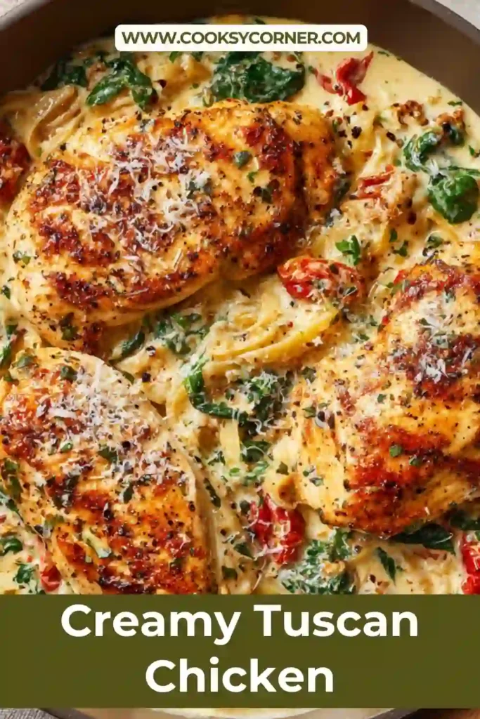 One-pan creamy Tuscan chicken topped with Parmesan and surrounded by wilted spinach and juicy tomatoes.