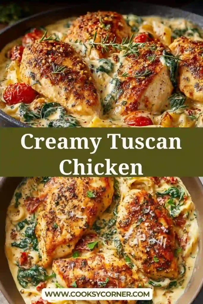 Close-up of creamy Tuscan chicken with golden seared chicken breasts and vibrant spinach in a creamy sauce.