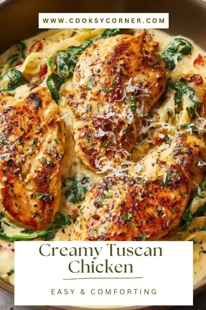 Creamy Tuscan Chicken served in a skillet with spinach, cherry tomatoes, and rich garlic Parmesan sauce. The dish looks creamy and comforting.