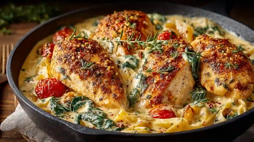 Creamy Tuscan Chicken served in a skillet with spinach, cherry tomatoes, and rich garlic Parmesan sauce. The dish looks creamy and comforting.